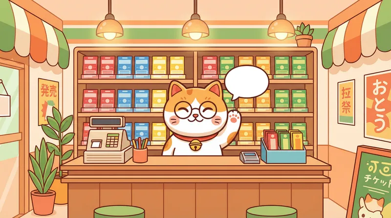 幸运便利店卡通招财猫店长在柜台后微笑招手欢迎顾客